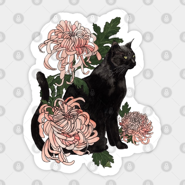 Eutierria (Cat with Chrysanthemums) Sticker by Heather Dorsch Creations